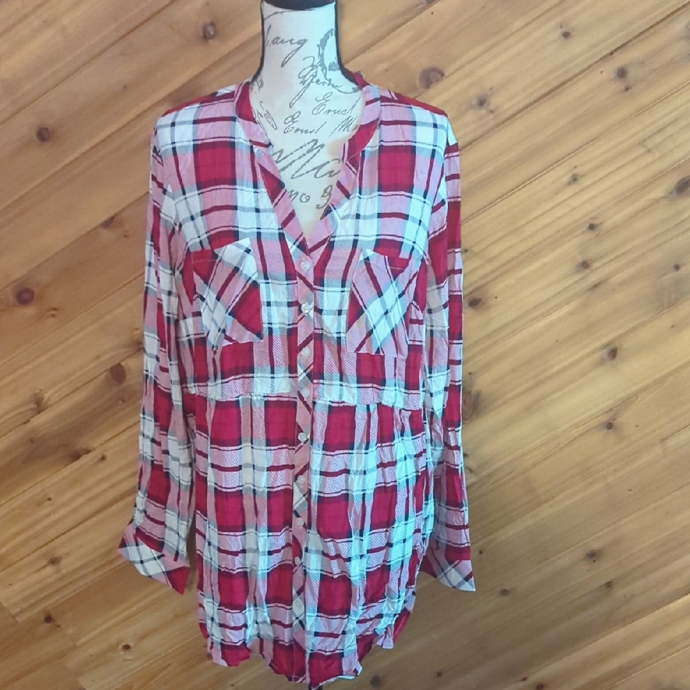 Torrid Red and White Plaid Button Down Shirt